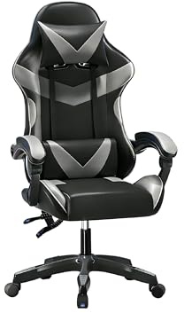 Baroni Home Sedia Gaming con Schienale Ergonomico Inclinabile e Altezza Regolabile, Sedia Ufficio con Supporto Lombare, Poggiatesta Imbottito, 50x62x110-120 cm, Nera e Grigia