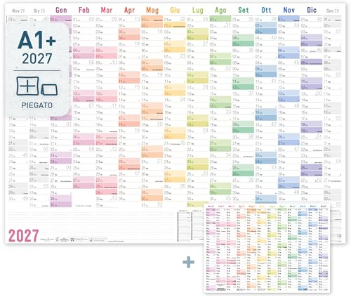 Häfft® XXL Wandkalender 2027 A1 + quer auf Italienisch Rainbow | Jahreskalender (63 x 89 cm) mit 15 Monaten und den Feiertagen in Italien + kostenloser Jahreskalender im A4-Format