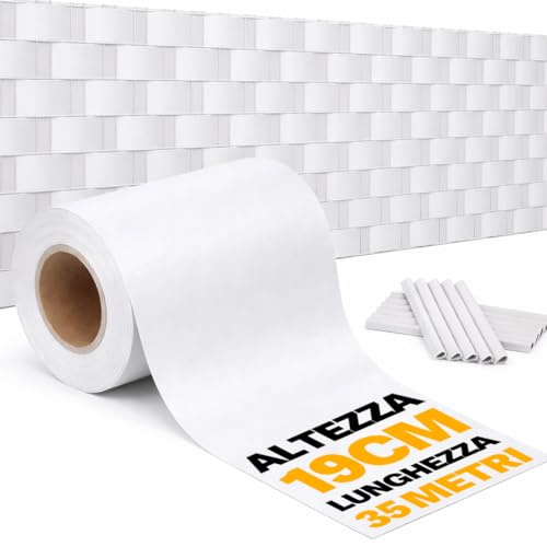BAKAJI Frangivista Recinzione in PVC 19 cm x 35 Metri, Telo Oscurante per Balcone 450 gr/mq, Strisce Protezione Privacy per Giardino con Clip di Fissaggio, Uv, Impermeabile e Atistrappo (Bianco)
