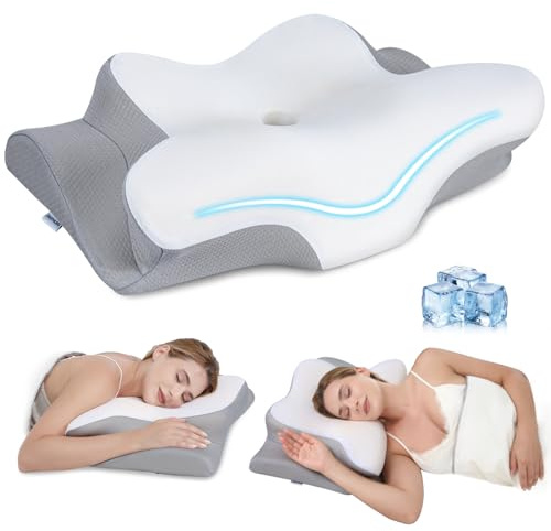 Missleep Cervical Neck Pillow, Memory Foam Pillows for Relieving Neck and Shoulder Pain, Neck Support Pillow for Side Sleepers, 2 Heights Ergonomic Pillow with Breathable Ice Silk Cover White