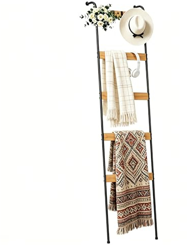 Towel Ladder 5-Tier, Bamboo Towel Rack with 10 Hooks,Rustic Decorative Wall Leaning Ladder shelf for Bathroom Bedroom, Freestanding Towel Rack for Blankets Storage