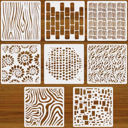 PRESSINART 8 stycken 8 stilar blandade mediummasker 12 x 12 tum, abstrakta geometriska texturer återanvändbara stenciler i husdjursplast för att göra DIY-ritningar på trä, väggar, golv