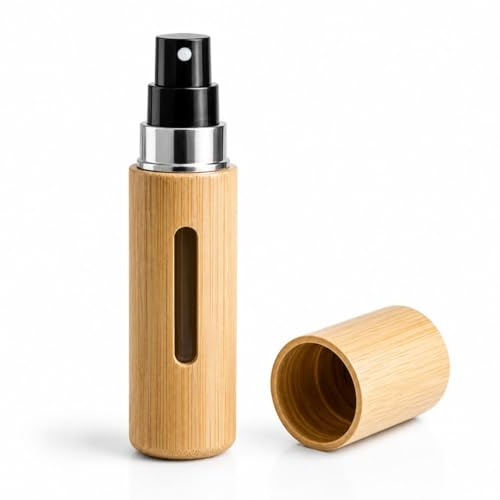 Velanovo Parfümzerstäuber Nachfüllbar 8 ml, Reise Parfum Zerstäuber für Unterwegs, Bambus-Design Taschenzerstäuber mit Sichtfenster, Mini Parfümflasche Leer für Handtasche, Damen und Herren