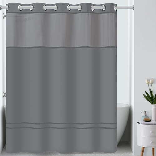Hookless It's A Snap! Escape Shower Curtain, 3-in-1 Includes Fabric Shower Curtain with Sheer Top Window, Flex-On Rings & Fabric Liner, 71 x 74, Graphite