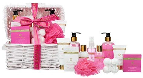11 Piece Luxurious Patchouli & Pink Peppermint Body & Bath Spa Basket Gift Set - Includes all Bathing Essentials Complete with Large Basket and Bow Ribbon