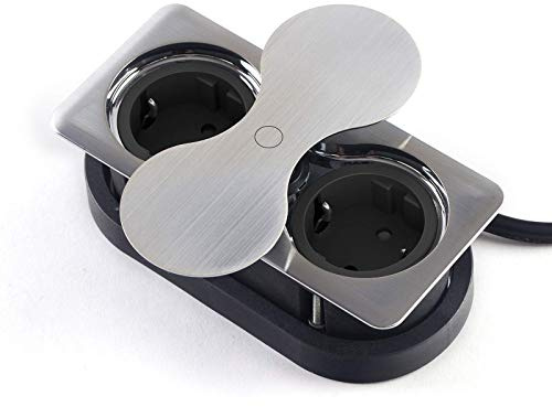 SOTECH Prise de Courant Intégrée carrée (2 x Prise Schuko) Finition Acier | Inox avec Push to open Couvercle Pivotant Prise