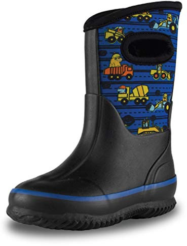 LONECONE Mud Boots for Boys and Girls - Kid-Friendly Insulating All-Weather Warm Neoprene Boots for Snow, Rain, and Muck, Easy-On, Play-Proof, Non-Slip, Durable - Construction Monsters, 4 Big Kid