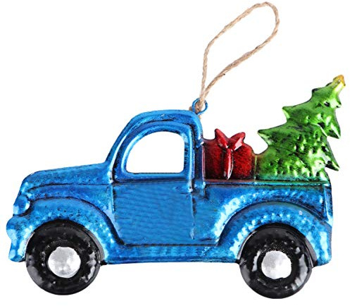 Christmas Pickup Truck Ornament Iron and Glass Pickup Truck Hanging Decoration Carrying Xmas Trees Car Keepsake Vintage Farmhouse Home Decor (Random Car Toward)