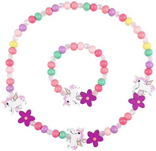 Meet-shop en Bois Coloré Enfants Ensemble de Bijoux,Princesse Collier Bracelets Set Licorne Perles Collier et Bracelet Cadeau pour Les Filles Fête d'anniversaire Habillage Accessoire