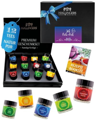 Hallingers Genuss Manufaktur Tee Valentinstagsgeschenk-Set - 12 Sorten premium loser Tee Probierset in edler Geschenkbox mit Rezept-Booklet Ich liebe Dich ..., Valentintstag für Frauen Freundin