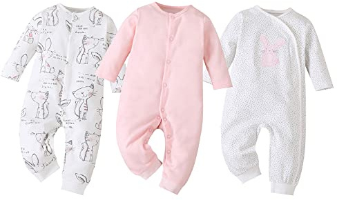 amropi Bébé Filles Garçons Grenouillères Coton Pyjamas Lot de 3 Bodys Combinaison, 12-18 Mois,Blanc/Rose/Blanc
