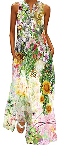 WINKEEY Vestito Lungo da Donna Stampa Floreale Farfalla Bohémien Etnico Vestito Taglia Maniche con Tasca Grossa Senza, Pittura L