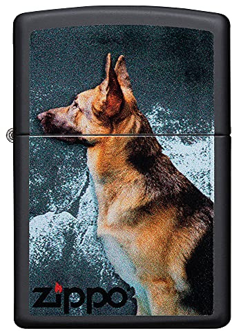 Zippo Encendedor a Prueba de Viento - Modelo Pastor Alemán - Acabado Negro Mate, Color Image - Recargable - Reutilizable - Diseño a Prueba de Viento - Caja de Regalo Hecho en EEUU