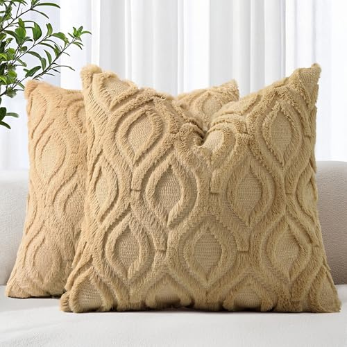 decorUhome Set of 2 Faux Fur Cushion Covers 45x45 cm, Decorative Soft Plush Fluffy Velvet Cushion Cover 18X18 Inch,Square Boho Neutral Pillow case for Sofa, Taupe