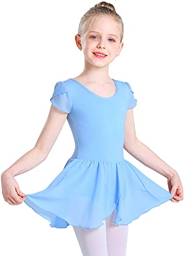 Monbessi Ballet Leotard for Girls Short Sleeve Cross Straps Ballet Dress Kids Cotton Ballet Outfit Gymnastics Leotard with Chiffon Skirt Suit for 2-11 Years (130 (120-130cm,5-7 Years), Blue)