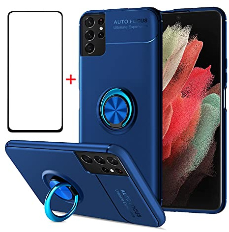 AKABEILA Mobiltelefonskal Skärmskydd för Samsung Galaxy S22, Skyddsfilm Fodral 360 Graders Ringhållare Skyddande Skal Silikon Skydd Stötsäkert [stöder Magnetisk Bilhållare], Blått