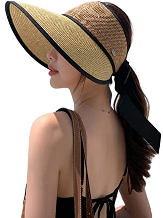 Bxyzan Sombrero de visera solar, visera plegable de paja para mujer, protección solar, ala ancha, lazo vacío, transpirable, sombrero de playa de verano, paja de ala ancha para mujer