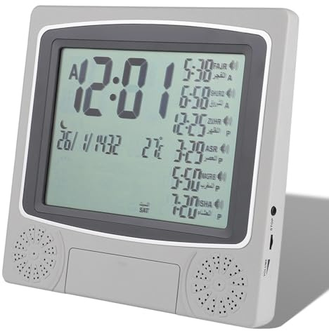 Islamic Azan Alarm Clock, LCD Backlight World Time Showing Azan Time Remind Temperature Display Table Muslim Azan Clock, Calendar Dispaly Islamic Prayer Azan Clock, for Home, Office, School, Hospital