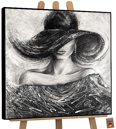 YS-Art Abstrakt Acryl Gemälde auf Leinwand Charme handgemalt Wandbild Wohnzimmer modern Wohndekor Bild grau verführerische Frau mit Hut echte Kunst mit Rahmen 100x100 cm