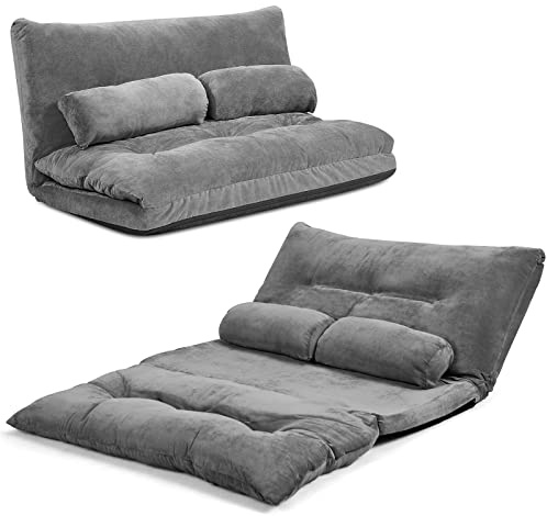 LIFEZEAL Schlafsofa 2 sitzer, Klappbares Bodensofa, Bodensessel verstellbar in 6 Positionen, Sitzkissen mit 2 Lendenkissen, bis 150 kg, Klappsofa für Wohnzimmer (Grau)