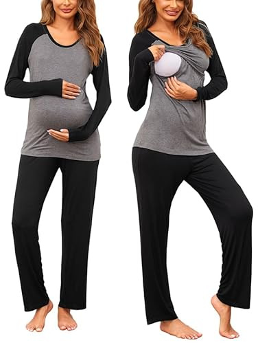 Ekouaer Dam amningspyjamas, lång mamma, tvådelad pyjamas, långärmad, mammamode, vinter, sjukhus, husdräkt för graviditet S–XXL, Svart/grå 2, M