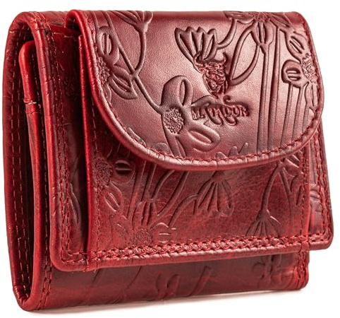 MATADOR Geldbeutel Damen Klein Leder #GENF Kleine Geldbörse mit edler Geschenk Box, Elegantes Portemonnaie Damen Klein mit RFID Blocker, Luxus Kleines Portemonnaie mit vielen Fächern in Blumen Rot