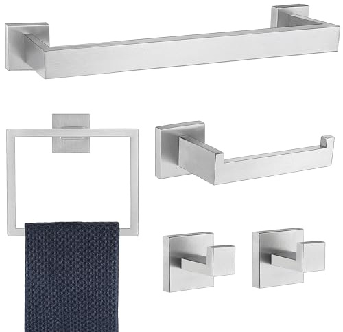 5 Pieces Bathroom Hardware Accessories Set Brushed Nickel, 16Inch Square Towel Racks Set for Bathroom, SUS304 Stainless Steel Towel Bar Set, Bath Accessories Sets Wall Mounted