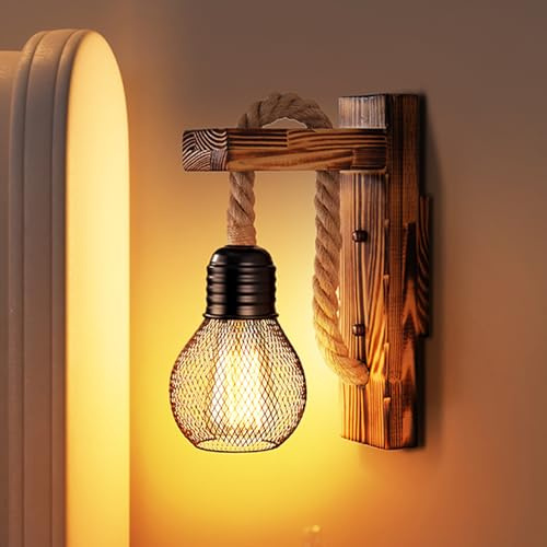 Wandlampe Innen E27 LED Hanfseil mit Lampenschirm Vintage Industrial | Vintage Industrial Wandlampe Innen, Retro Wandleuchte Holz für Bars, Fluren, Schlafzimmer, Café(Ohne Leuchtmittel)