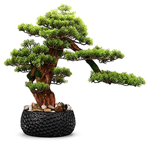 GRFIT Künstlicher Baum Chinesischer Eingang, Willkommen, Kiefer, Bonsai, Innenbegrünung, große Topfpflanze, Simulationspflanze, Ornament mit schwarzem Keramik-Blumentopf Simulation Bonsai