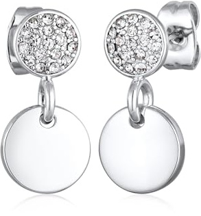 Ohrringe Damen Ohrhänger Plättchen Anhänger Rund Elegant Messing in Silberfarben mit Kristalle für Frauen, Mädchen, Mama Höhe 16mm, Breite 8mm
