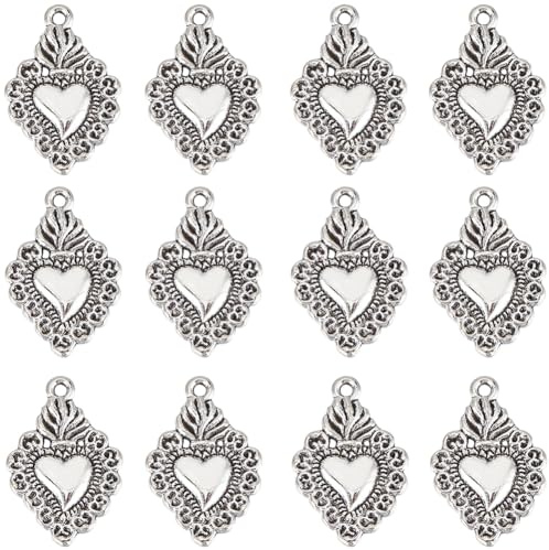 SUNNYCLUE 1 Scatola 80PCS Ciondoli A Forma di Cuore Sacro Milagros Ciondoli A Forma di Cuore Messicano Carino Lega Metallo Argento Antico Amore Sfuso per Creazione Gioielli Natale Pasqu