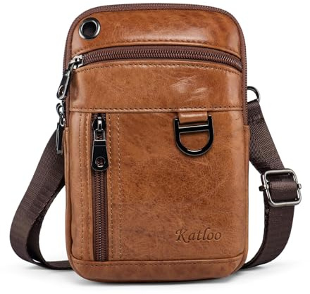 katloo Top Layer Leder Doppeltaschen Taschen Herren Multifunktionale Vintage Look Umhängetasche für Handy Gürtel Tasche Weste Crossbody Mini Tasche Outdoor Reisetasche