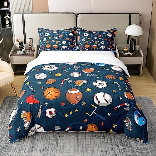 Homemissing Sport thème Housse de Couette 100% Coton 3D Ballon Bleu Parure de lit 100% Coton Enfants Baseball Football athlétisme Jeu Housse de Couette Chambre décoration Combo 200x200cm Zip