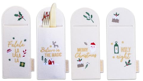Papierdrachen Bestecktaschen Weihnachten 2025 - Filz - Beige-Gold - mit hochwertiger Stickerei 4 Stück - edle Besteckhalter für den Weihnachtstisch