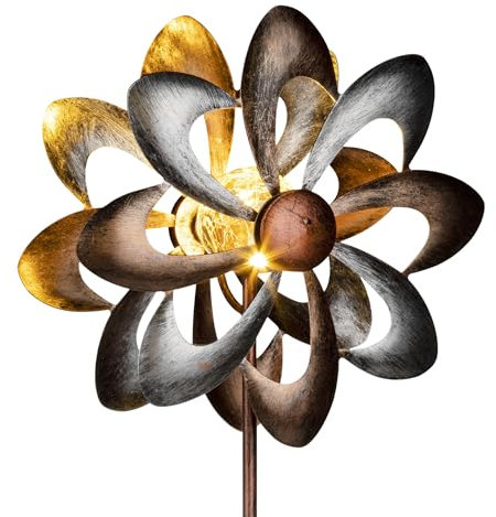 Metall Doppel Windrad mit Solar LED Glaskugel - Ø 23 cm - Deko Gartenstecker mit Beleuchtung in warm weiß - Garten Deko Windspiel Windmühle Blumenstecker Beetstecker beleuchtet wetterfest