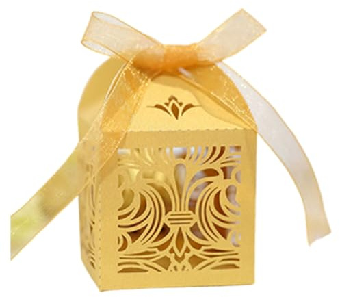 Aublinto Kleine Geschenkboxen für Süßwaren, Gastgeschenke, Hochzeit, Party, Geburtsta 50 STÜCKE Hochzeit Pralinenschachtel Elegante Hohlschliff-Box Kronen-Design Souvenir-Verpackung 5x5x8 cm Golden