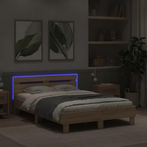 Faroom Holzbett Futonbett Bett 135x190 cm mit LED-Beleuchtung,Lattenrost & Kopfteil, Bettrahmen Holzwerkstoff Einzelbett Doppelbett Bettgestell Sonoma-Eiche