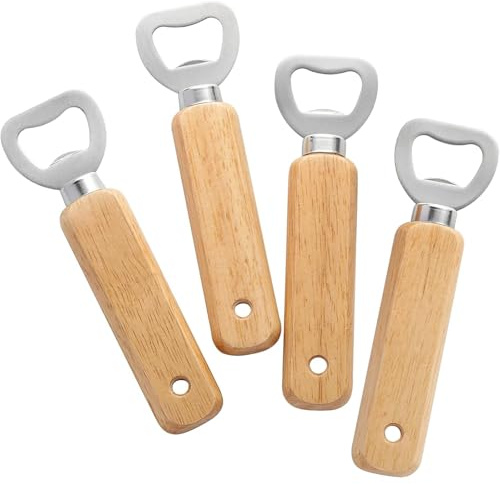 Engravable Wooden Bottle Openers 4 Pack - Solid Wood & Stainless Steel Beer Opener Set, Smooth Handle Bar Gadgets with Hanging Hole for Home, Kitchen, Wedding & Party Favors
