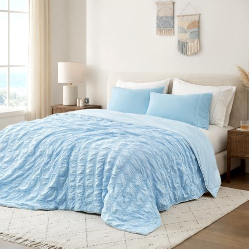 Cozy Bliss Cooling Comforter Seersucker Plaid King Size, Q-Max 0.45 Lightweight Cooling Blanket, Breathable Silk Smooth Summer Bedding Quilt for Hot Sleepers Night Sweats Blue