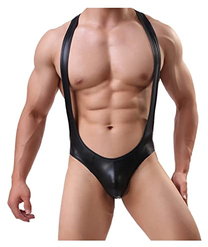 IUERVPS Sexy Dessous Herren Suspensorium Body Wrestling Singlet Kunstleder Männer Sexy Body Shaper Bodybuilding Overall Trikot(M)
