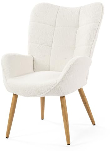MEUBLE COSY Poltrona Imbottita Sedia da Salotto con Braccioli Poltroncina Relax con Schienale Alto e Cuscino Spesso Gambe in Metallo per Soggiorno in Tessuto Bouclé Beige