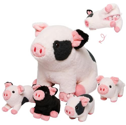 OUOZZZ 5 Stück Schwein Kuscheltier, 23cm Weich Schwein Plüschtier mit 4 Baby Schweinchen Stofftiere im Bauch - Party Geburtstagsgeschenk Glücksschwein Decor für Kinder