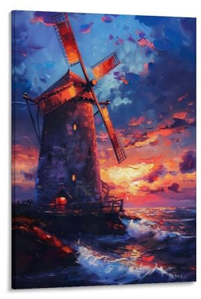 TBDUEPS Leinwandbild mit Windmühle auf Sonnenuntergang, Wandkunst für Teenager, Spielzimmer, Jungenzimmer, Wanddekoration, große Bilder, 20 x 30 cm