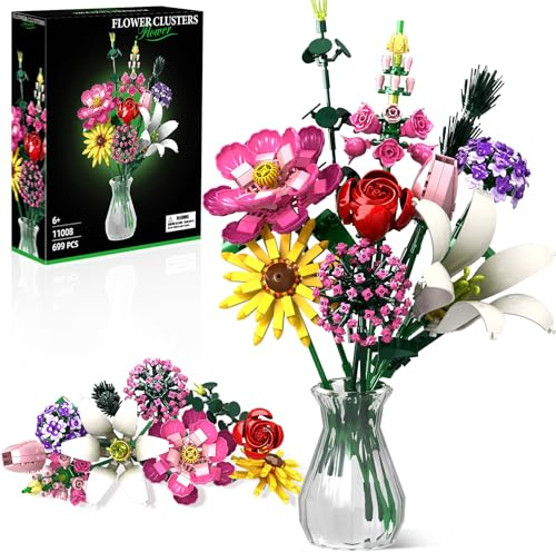 Bouquet de 699 pièces | Kit de bricolage réaliste de fleurs botaniques avec décoration DIY | Cadeau créatif pour la fête des mères / anniversaire / Saint-Valentin | Décoration durable pour le salon