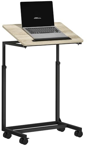 HOMCOM Beistelltisch in C-Form Höhenverstellbar 55x36x62,5-82,5 cm Weiß | Couchtisch mit Rollen, Sofatisch, Laptop-Tisch für kleine Räume, Wohnzimmer