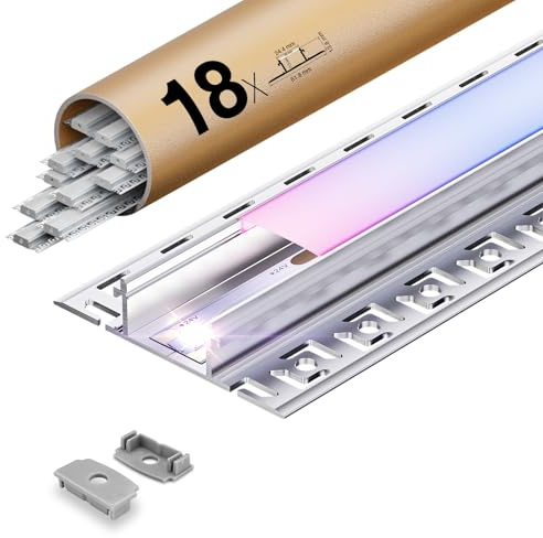 KOSOOM LED Fliesenprofil 2m x 18 Stück, Einfache Montage - LED Profil Flächenbündig für Led Streifen bis 20 mm, inkl. Lichtdiffusor aus PC Endkappen, für Decke, Gipskarton Holz geeignet