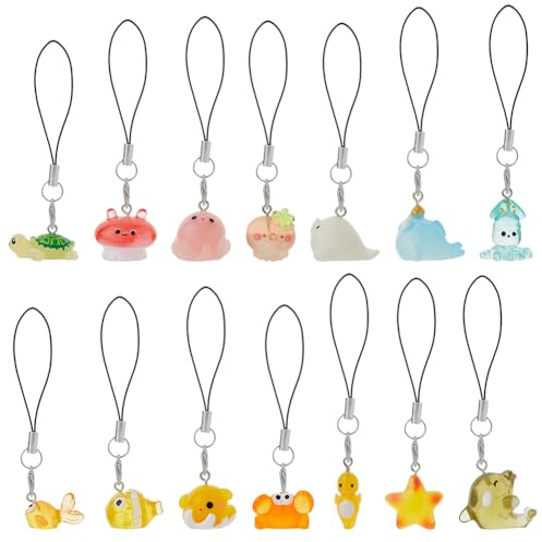 DICOSMETIC 14 Stück Handyanhänger Süße Handy Anhänger Ozeantier Anhänger Lanyard Gurt Kawaii Handy Schlüsselanhänger Harz Krake Schildkröte Handyanhänger Zubehör