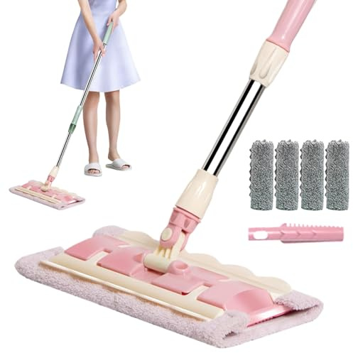 Serpillère Plate pour Sols en Parquet | Mop Réutilisable avec 4 Têtes Lavables | Manche Télescopique Rotatif 360° et Raclette Anti-Poussière