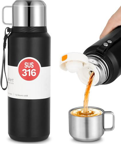 Thermobecher 1L - BPA-Frei Thermoskanne Für Warm&kalt - Aus Laufsichere Isolierflasche 1L Aus Edelstahl Rostfrei - Thermosflasche Mit Becher - Trinkflasche Edelstahl Für Sport, Fitness, Outdoor