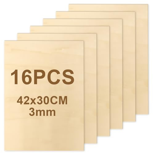 16 stycken A3-lindplywood – 42 x 29,7 cm plywoodskiva, 3 mm, lindplywoodskiva, för gör-det-själv träarbete, laserbearbetning, pysselarbeten, träskärningar, modellbygge